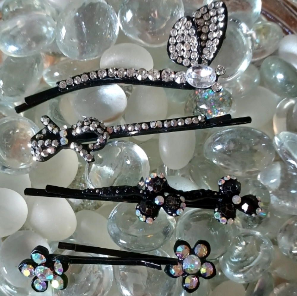 EUC Black Hair Clips with Black, Clear & Iridescent Rhinestones-Set of 5